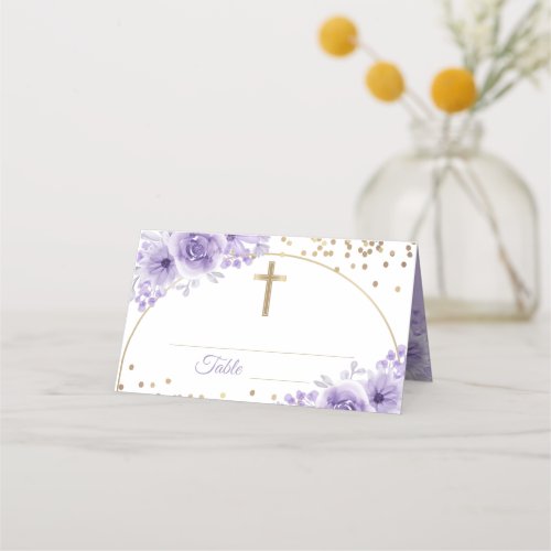 Arch Gold Purple Floral First Holy Communion Place Card