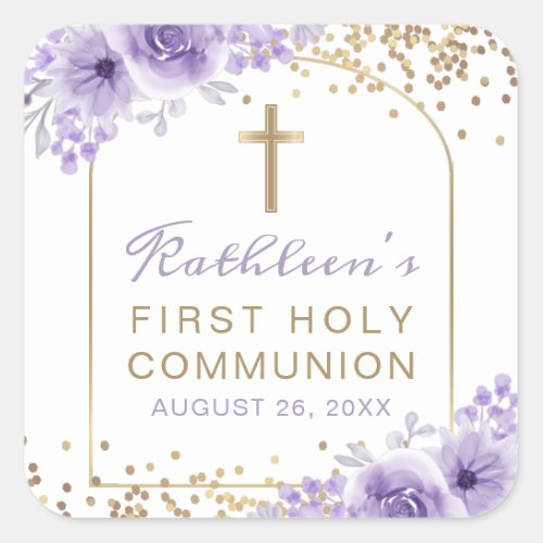 Arch Gold Purple Floral First Holy Communion Square Sticker