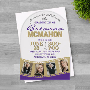 Arch Graduation Photo Filmstrip Purple & Gold Acrylic Invitations