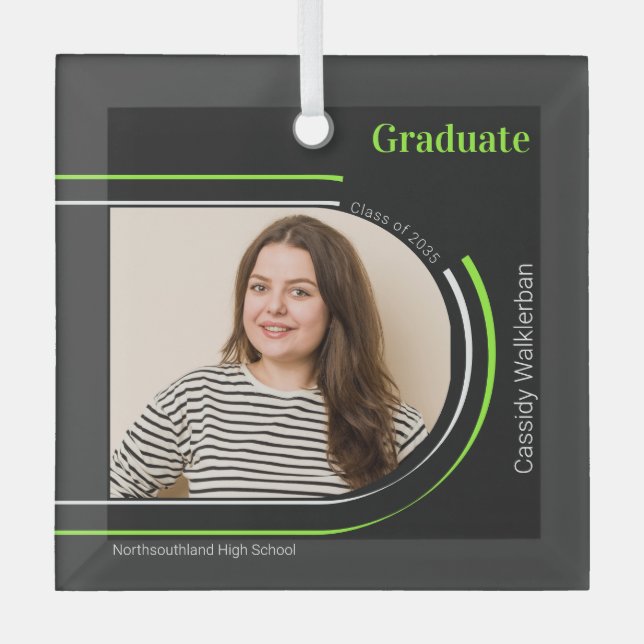 Arch Gray Green Photo Graduation Glass Ornament (Front)