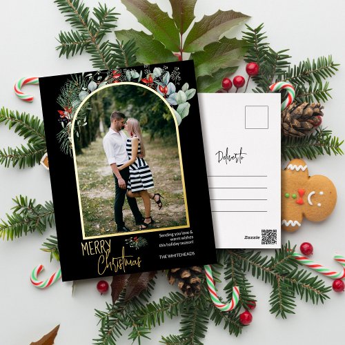 Arch Greenery Merry Christmas Photo Black Foil Holiday Postcard