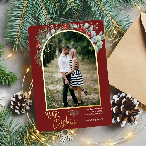 Arch Greenery Merry Christmas Photo Burgundy Foil Holiday Card