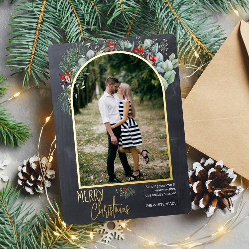 Arch Greenery Merry Christmas Photo Chalkboard Foil Holiday Card