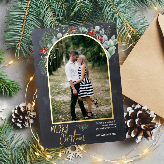 Arch Greenery Merry Christmas Photo Chalkboard Foil Holiday Card (You will love these beautiful Christmas cards! They feature botanical watercolor pine and berries.)