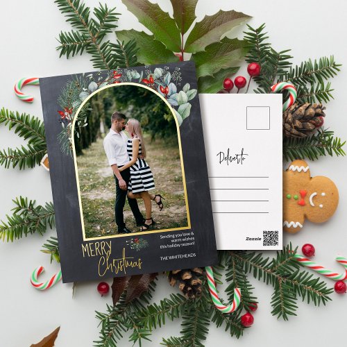 Arch Greenery Merry Christmas Photo Chalkboard Foil Holiday Postcard
