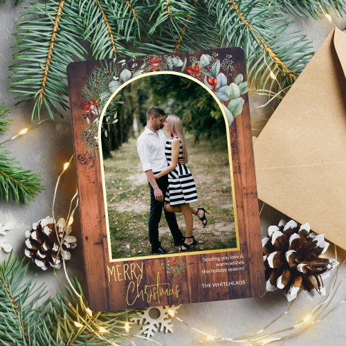 Arch Greenery Merry Christmas Photo Cherry Wood Foil Holiday Card