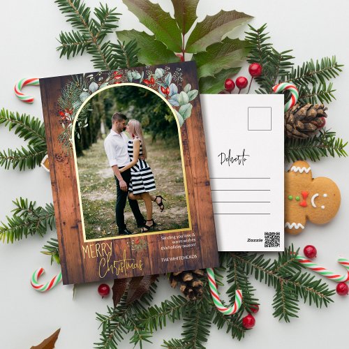 Arch Greenery Merry Christmas Photo Cherry Wood Foil Holiday Postcard