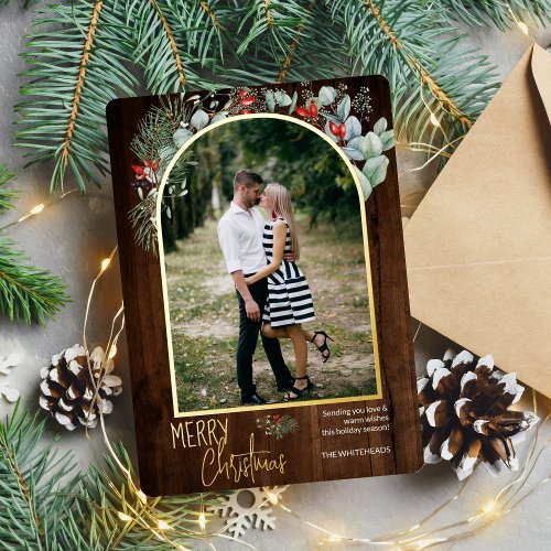 Arch Greenery Merry Christmas Photo Dark Wood Foil Holiday Card