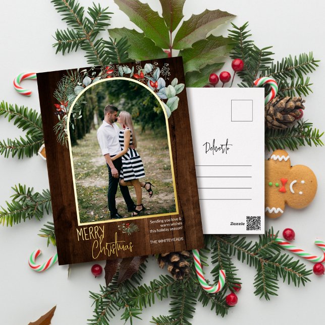 Arch Greenery Merry Christmas Photo Dark Wood Foil Holiday Postcard (You will love these beautiful Christmas cards! They feature botanical watercolor pine and berries.)