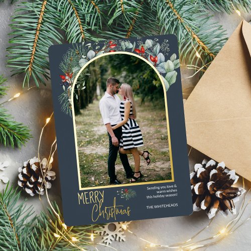 Arch Greenery Merry Christmas Photo Dusty Blue Foil Holiday Card