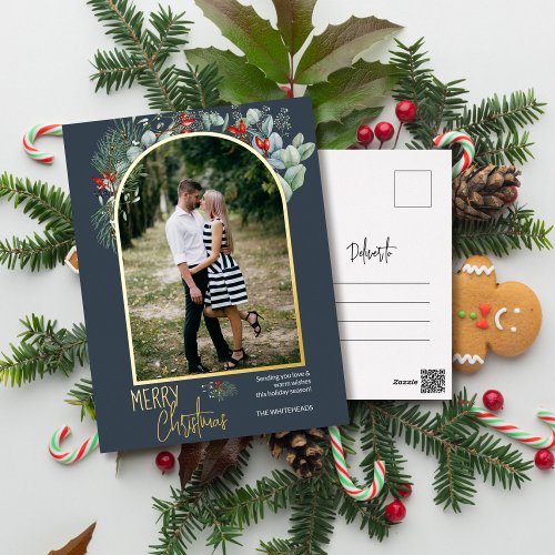 Arch Greenery Merry Christmas Photo Dusty Blue Foil Holiday Postcard