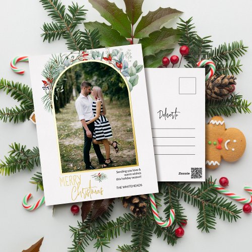 Arch Greenery Merry Christmas Photo Foil Holiday Postcard