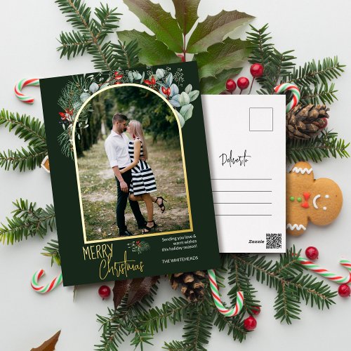 Arch Greenery Merry Christmas Photo Forest Green Foil Holiday Postcard