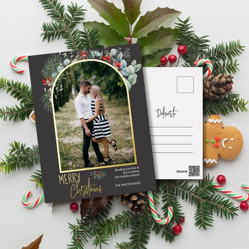 Arch Greenery Merry Christmas Photo Grey Foil Holiday Postcard