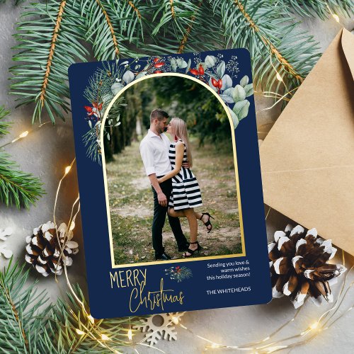 Arch Greenery Merry Christmas Photo Navy Blue Foil Holiday Card