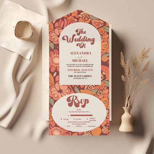Arch Groovy Retro 70s Floral Wedding All In One Invitation