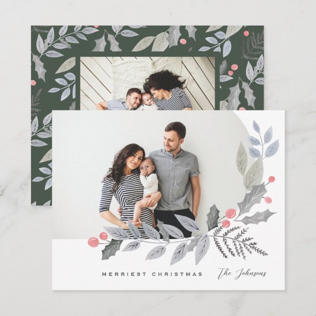 Arch Holly Berry Leaves Christmas Photo Holiday Card (Front/Back)