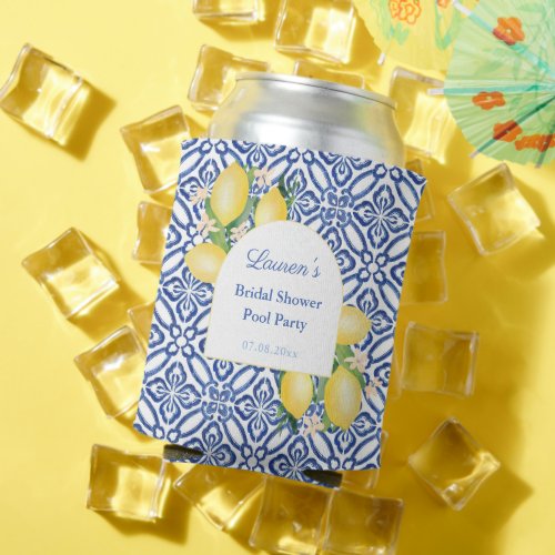 Arch Lemons Blue Tiles Bridal Shower Pool Party Can Cooler