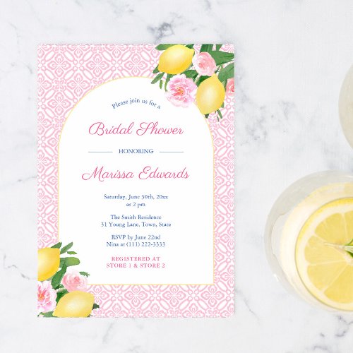 Arch Lemons Pink And White Bridal Shower Invitation