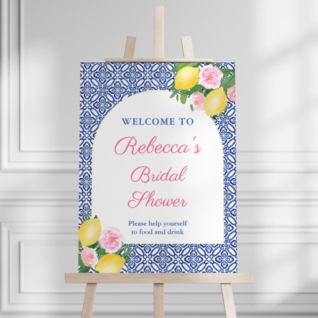 Arch Lemons Pink Flowers Bridal Shower Welcome Foam Board (Positano Blue And White Tiles Arch Bridal Shower Welcome Sign With Lemons And Pink Flowers)