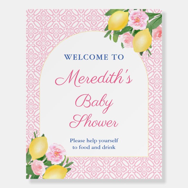 Arch Lemons Pretty Pink Baby Shower Welcome Sign (Front)