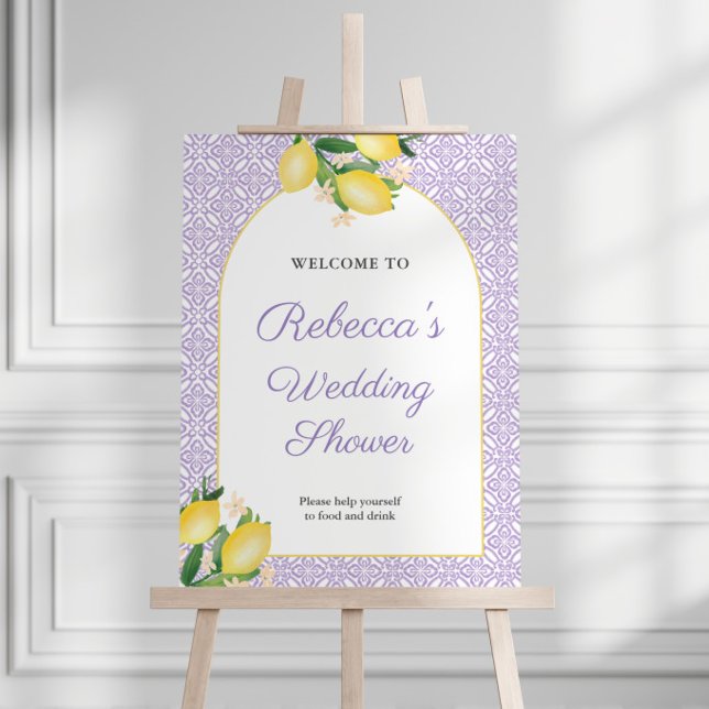 Arch Lemons Purple Wedding Shower Welcome Foam Board (Elegant lemons purple bridal shower welcome sign with modern arch and vintage tile print)