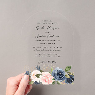Arch Lush Gold Navy Pink Floral Wedding Acrylic Invitations