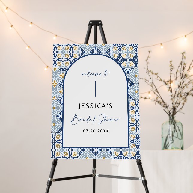 Arch Mediterranean Blue Tiles Bridal Shower Sign (In Situ (Stand))