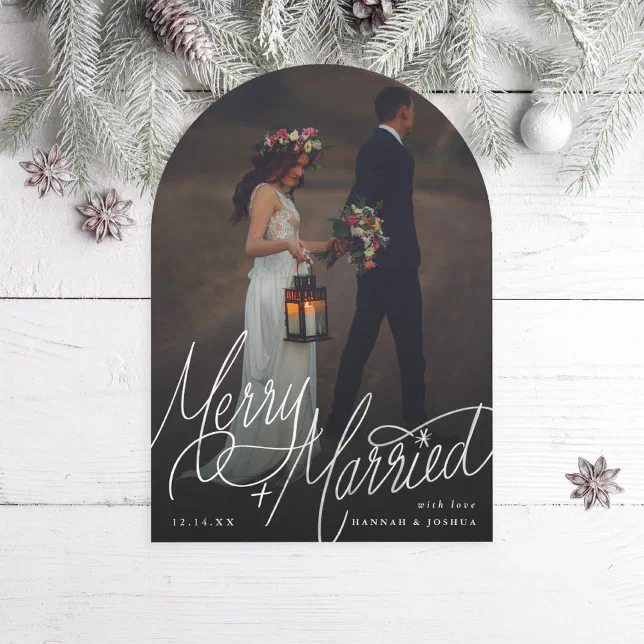 Arch Merry and Married Hand-Lettering Photo Card | Zazzle