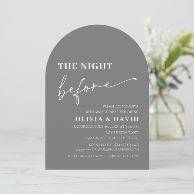 Arch Modern Grey The Night Before Rehearsal Dinner Invitation (Standing Front)