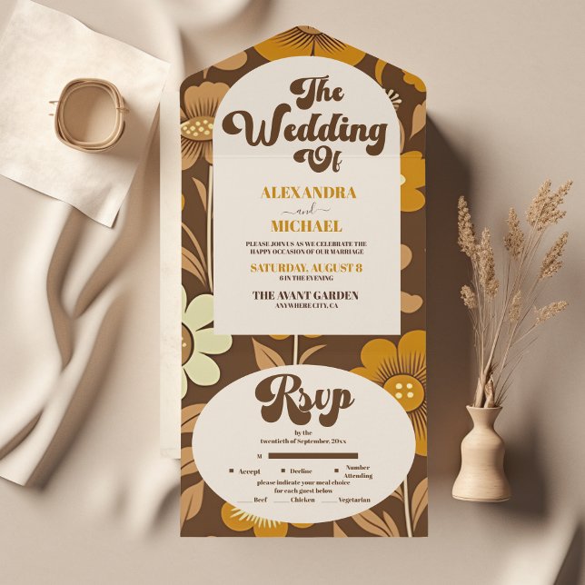 Arch Modern Retro 70s Floral Wedding All In One Invitation (Creator Uploaded)