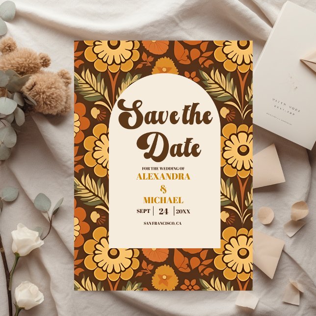 Arch Modern Retro 70s Floral Wedding Save The Date (Creator Uploaded)