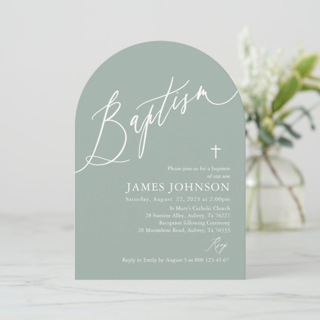 Arch Modern Sage Green White Cross Baptism Invitation (Standing Front)