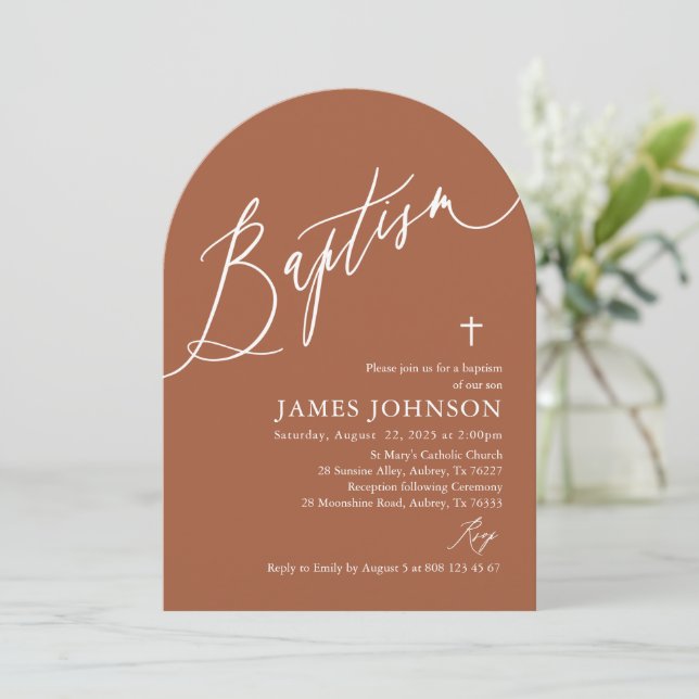 Arch Modern Terracotta Burnt Orange Baptism Invitation (Standing Front)