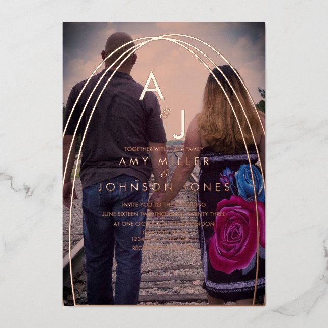 Arch Multiple Border Photo Wedding Pressed    Foil Invitation (Front)