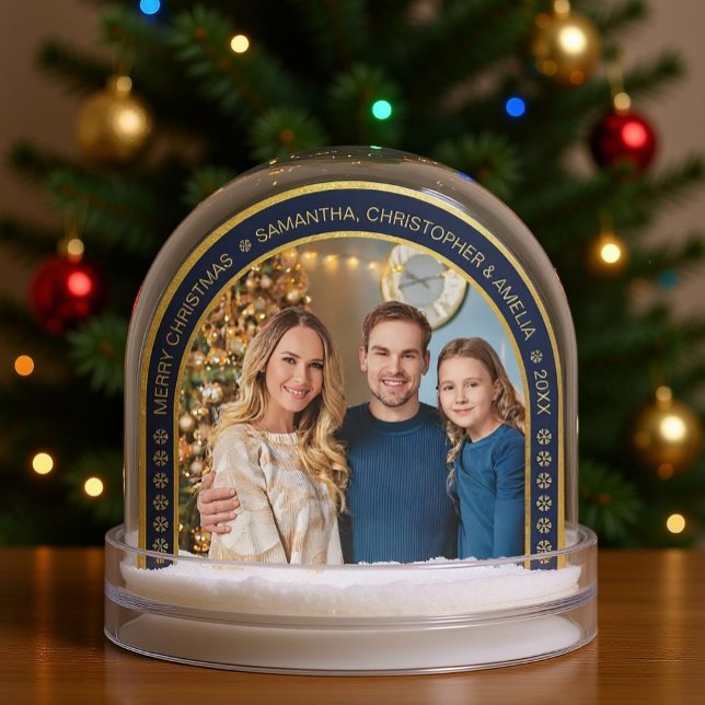 Arch Navy Blue Faux Gold Christmas Family Photo  Snow Globe (Snow globe with Christmas tree)