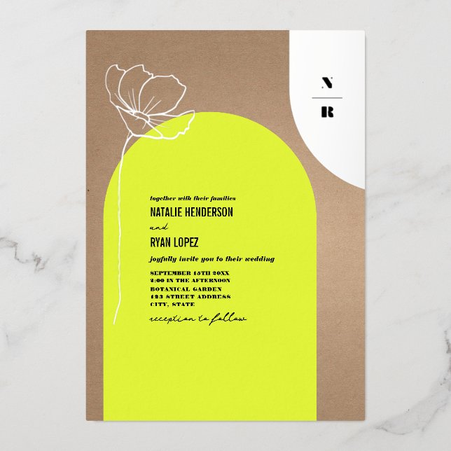Arch Neon Floral Monogram Foil Invitation (Front)
