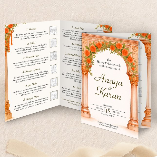 Arch of Orange Roses Hindu Wedding Program  Flyer (Elegant Indian Wedding Program Hindu Ceremony Guid Flyer)