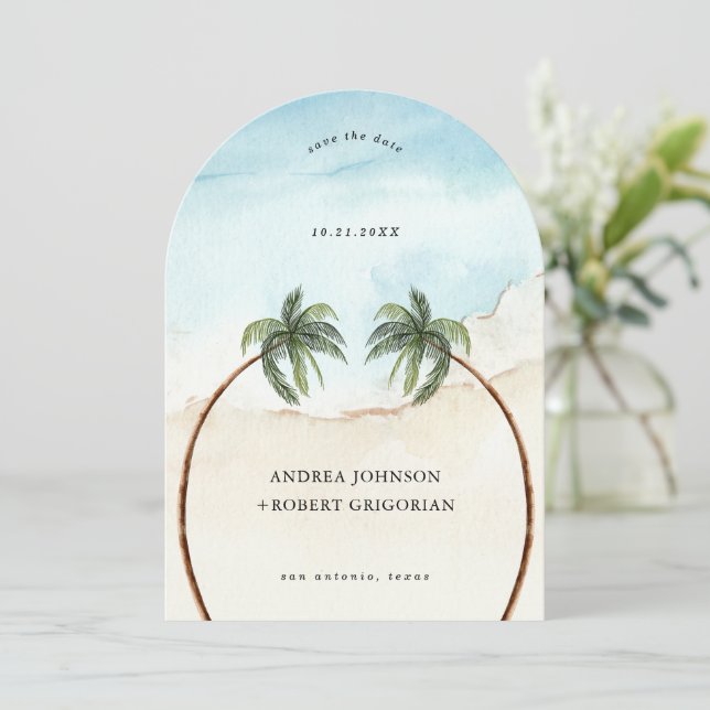 Arch Palm Tree Tropical Beach Destination Wedding Save The Date (Standing Front)