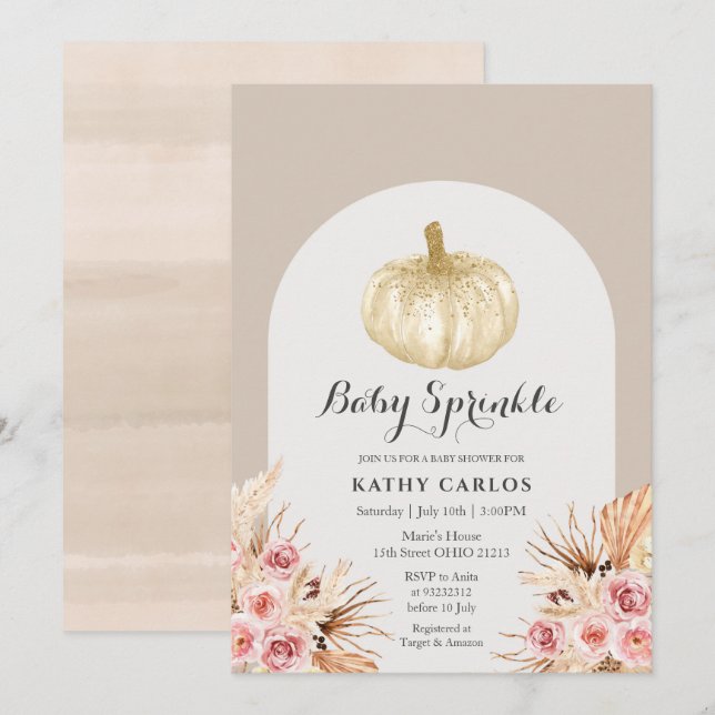 Arch Pampas Grass White Pumpkin Baby Sprinkle  Invitation (Front/Back)