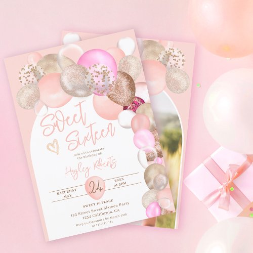 Arch pastel Boho glitter balloons pink Sweet 16 Invitation