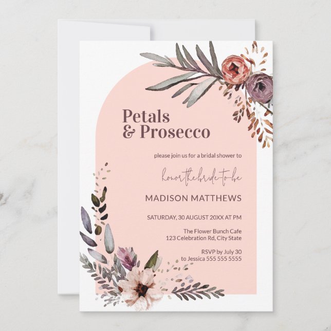 Arch Petals & Prosecco Pink Floral Bridal Shower  Invitation (Front)