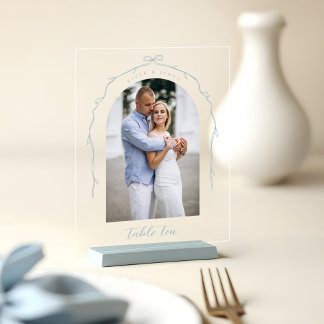 Arch Photo Blue Bow & Ribbon Wedding Table Number Acrylic Sign