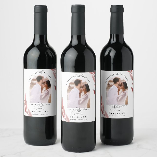 Arch Photo, Blush leaves Wedding Save the Date Wine Label (Bottles)