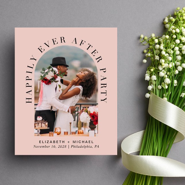 Arch Photo Blush Wedding Reception Invitation (Celebrate your love story with an invitation showcasing your favorite photo in an elegant arch frame)