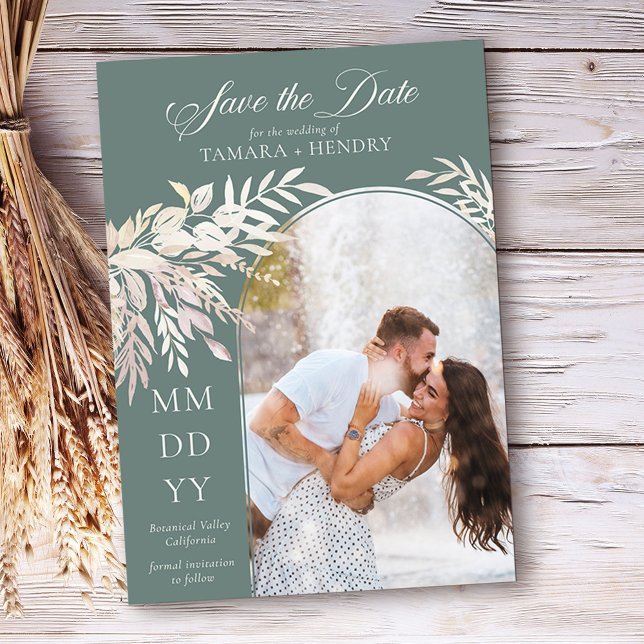 Arch Photo Botanical Foliage Sage Green Save The Date (Arch photo save the date in Sage Green, from my Foliage Duet collection)