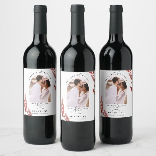 Arch Photo Burgundy leaves Wedding Save the Date Wine Label