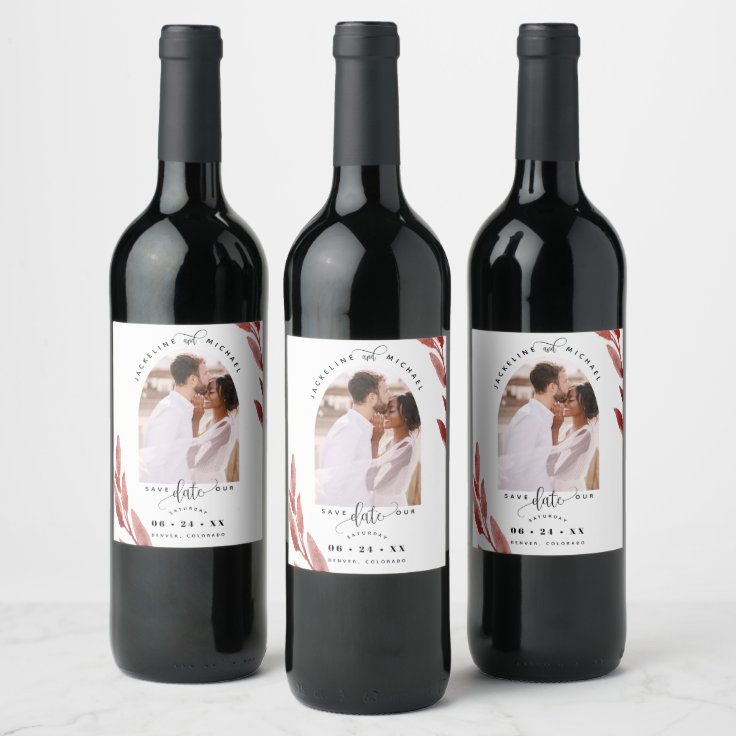 Arch Photo, Burgundy leaves Wedding Save the Date Wine Label Zazzle