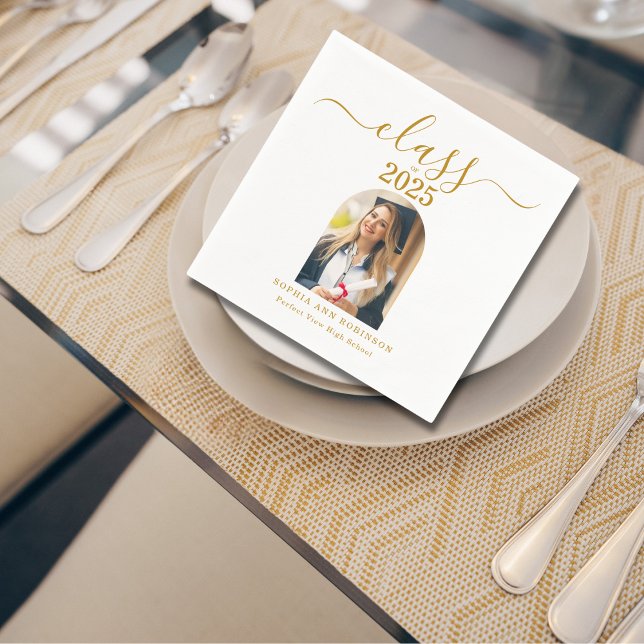 Arch Photo Elegant Gold Script Graduation Party Napkins (Creator Uploaded)
