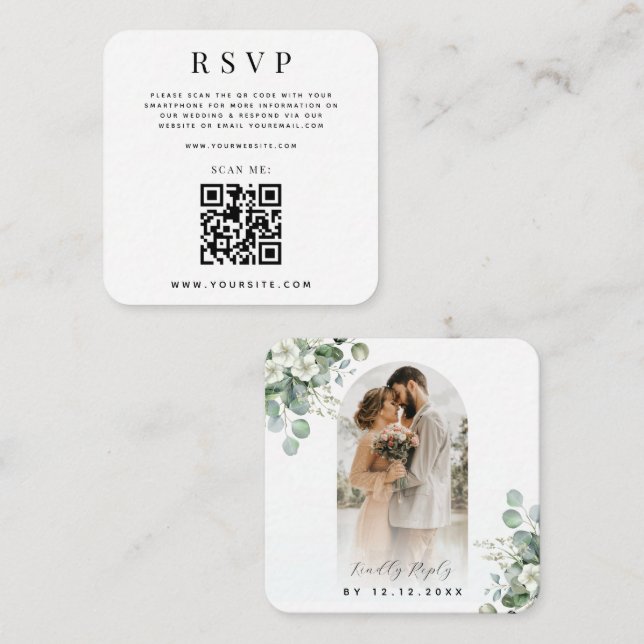 Arch Photo Eucalyptus QR Code Online Wedding RSVP Enclosure Card (Front/Back)